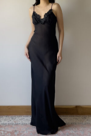 Vintage Black Chiffon Maxi Slip Gown (S)