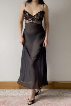 Vintage Black Silk Lace Beaded Maxi Slip Dress (S–M)