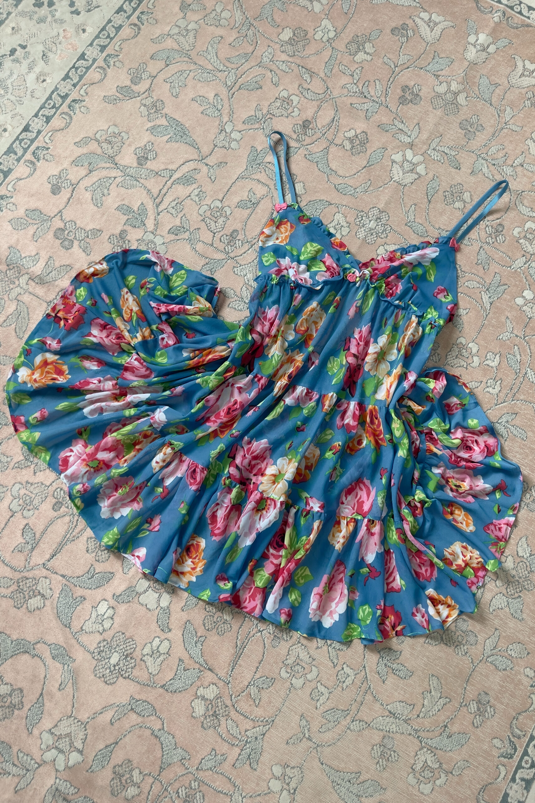Vintage Y2K Blue Floral Mesh Babydoll Mini Slip Dress (S)