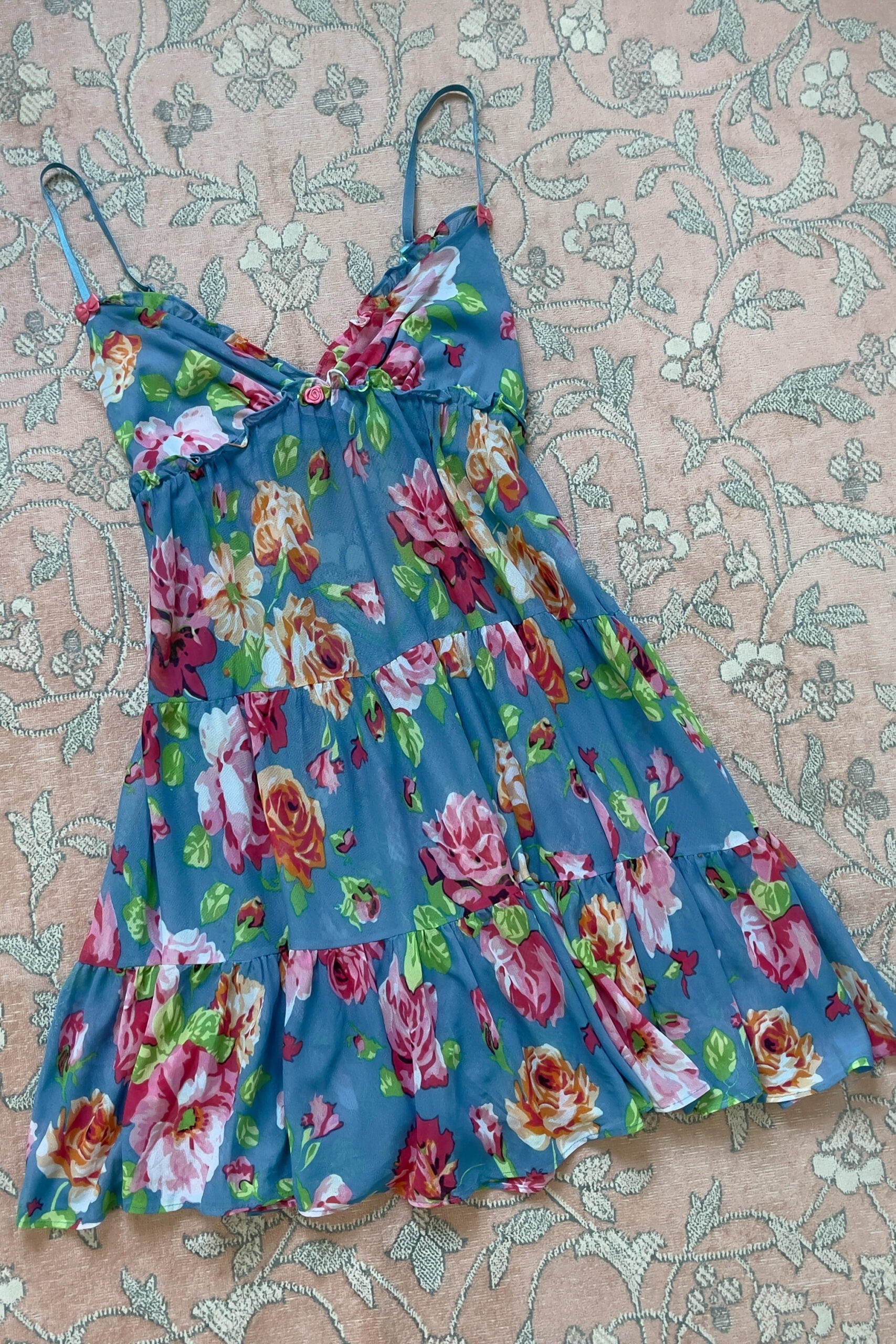 Vintage Y2K Blue Floral Mesh Babydoll Mini Slip Dress (S) - Image 8