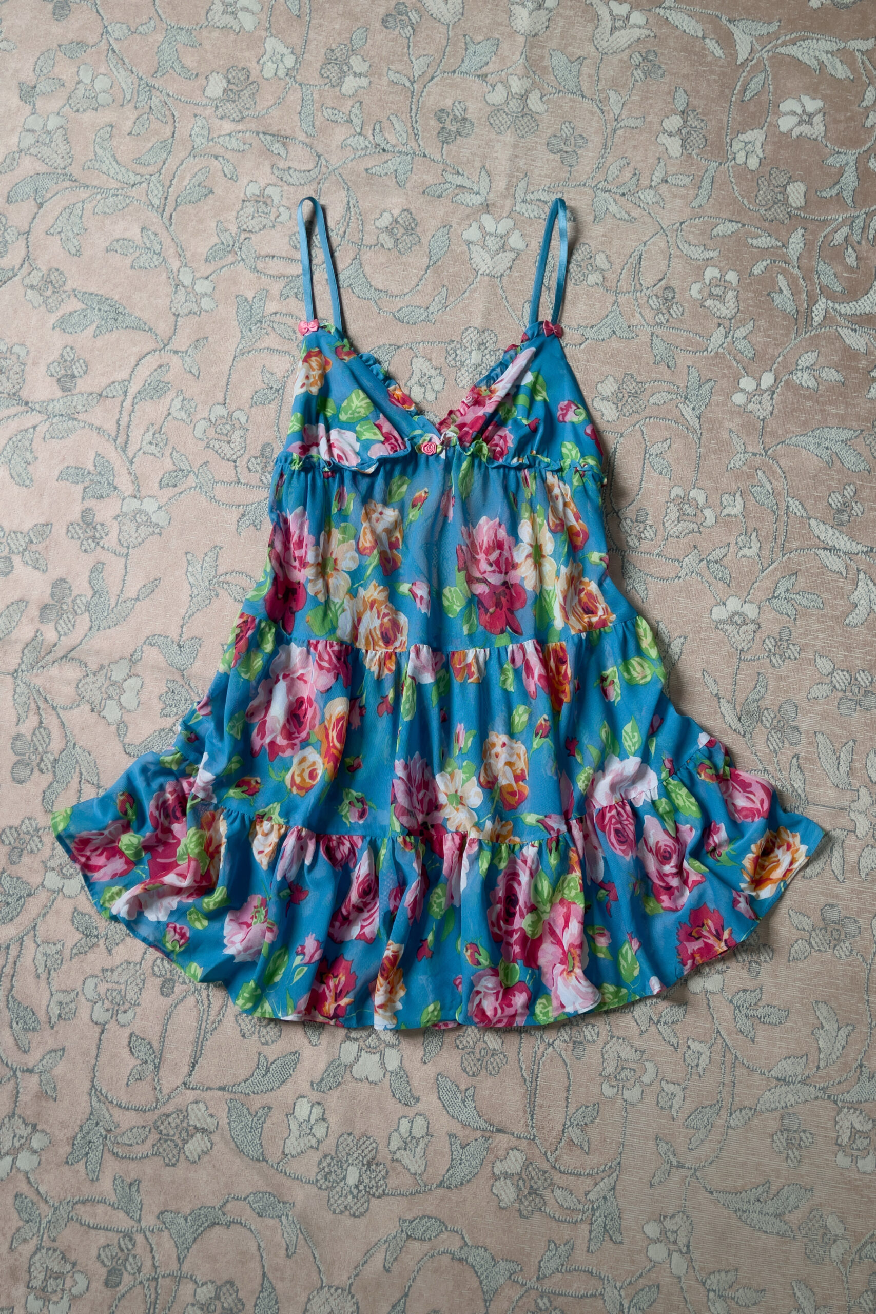 Vintage Y2K Blue Floral Mesh Babydoll Mini Slip Dress (S) - Image 9