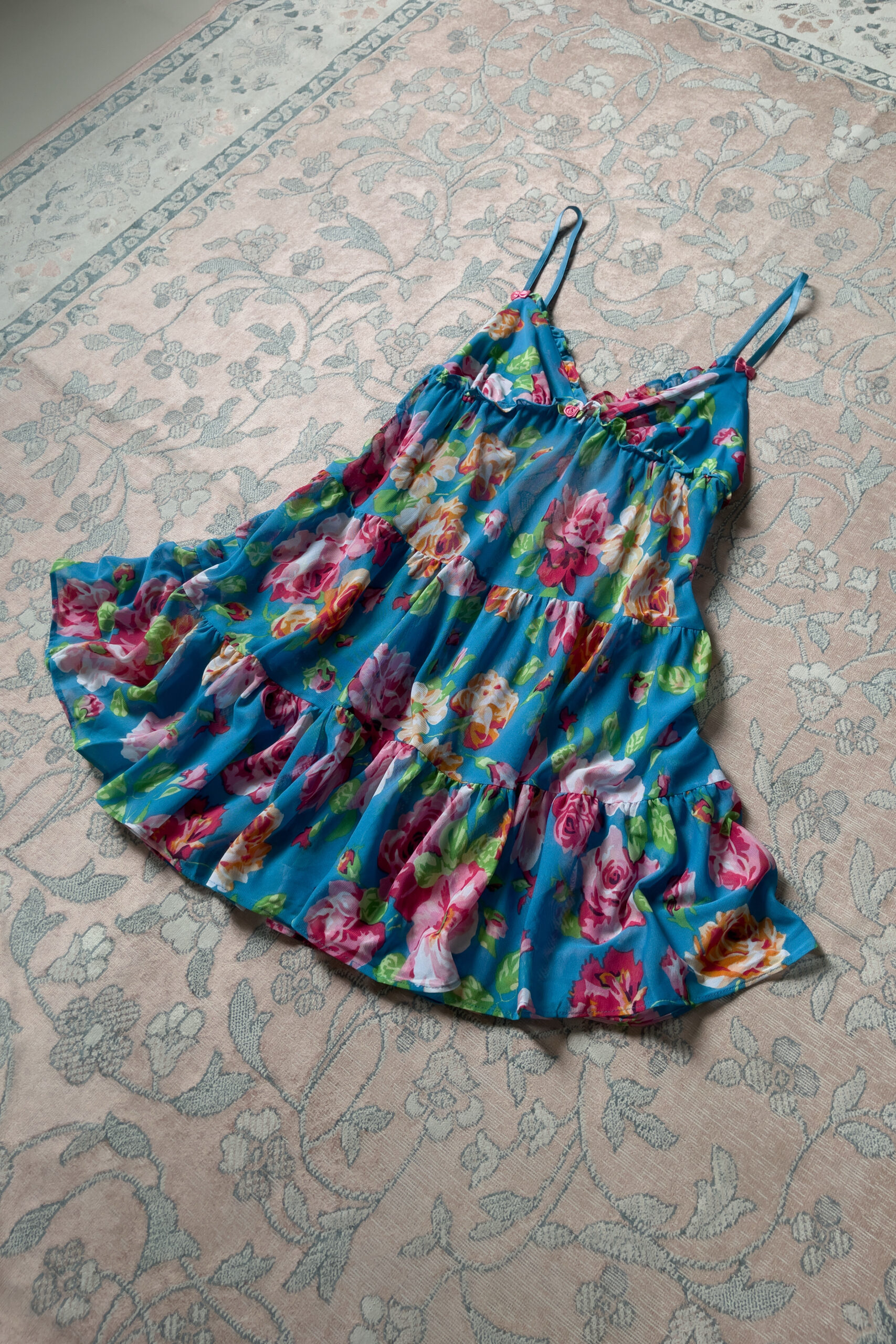 Vintage Y2K Blue Floral Mesh Babydoll Mini Slip Dress (S) - Image 10
