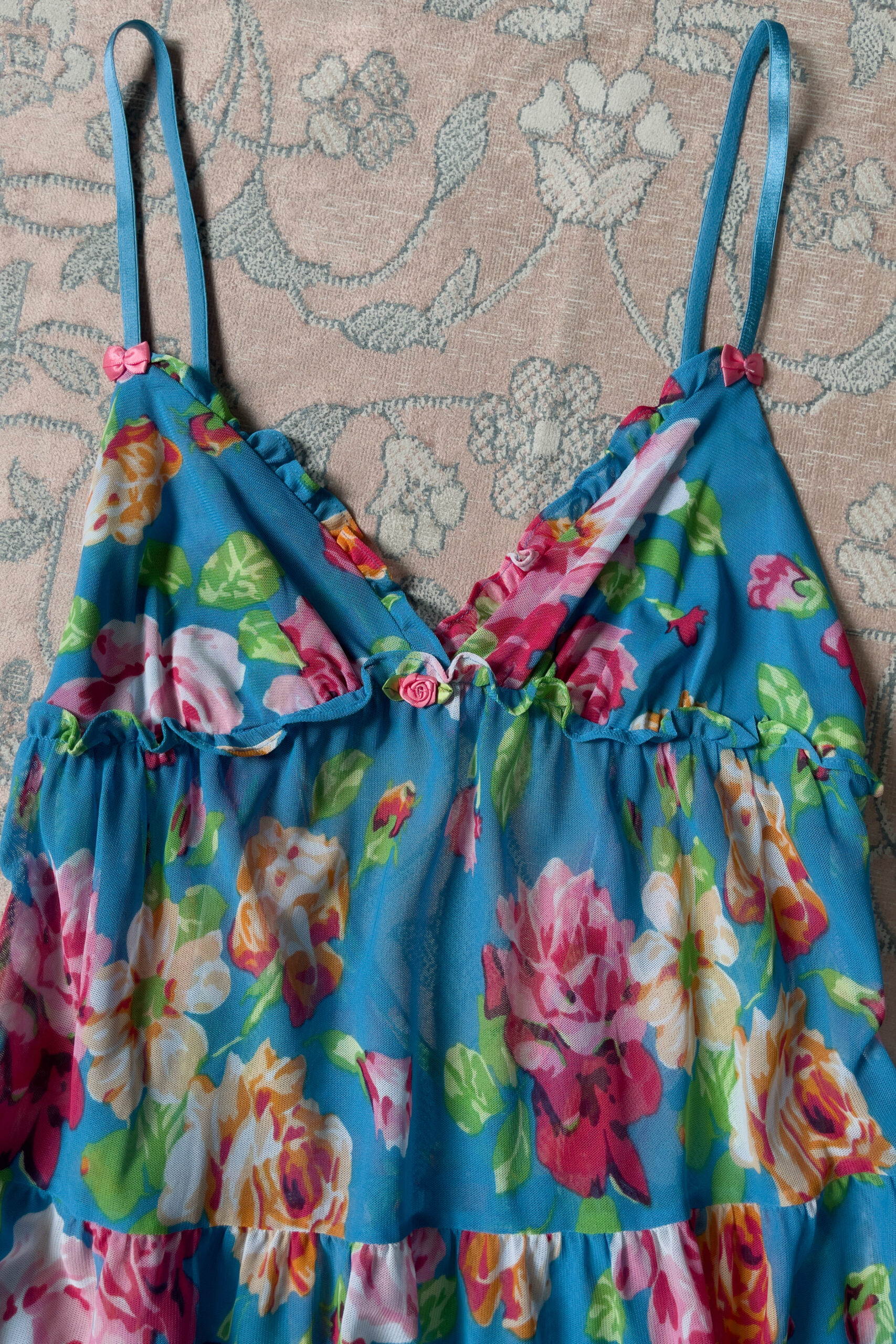 Vintage Y2K Blue Floral Mesh Babydoll Mini Slip Dress (S) - Image 11