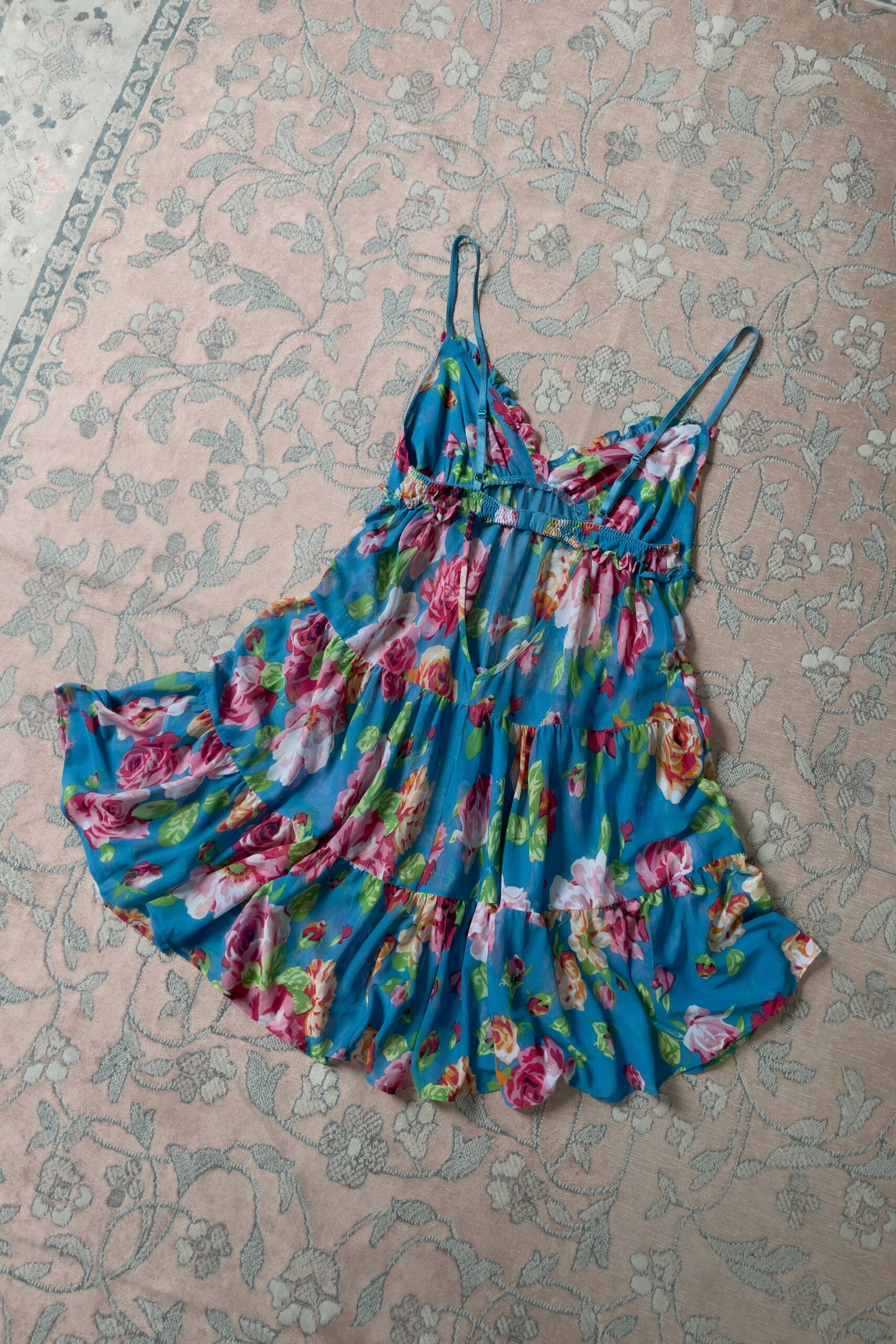 Vintage Y2K Blue Floral Mesh Babydoll Mini Slip Dress (S) - Image 12