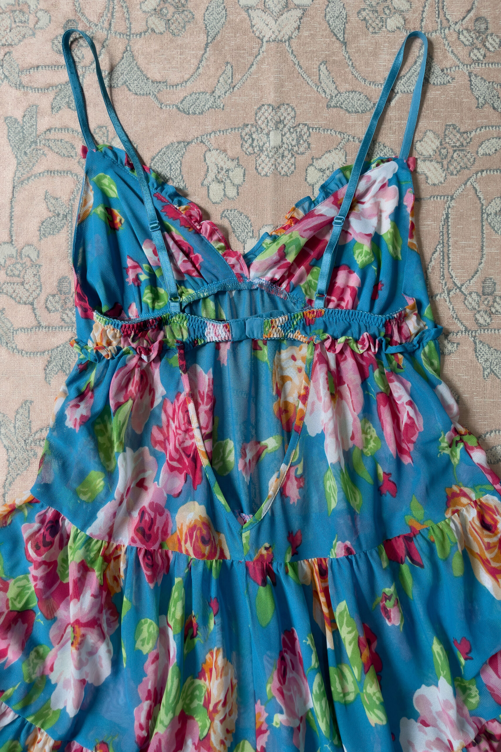 Vintage Y2K Blue Floral Mesh Babydoll Mini Slip Dress (S) - Image 13