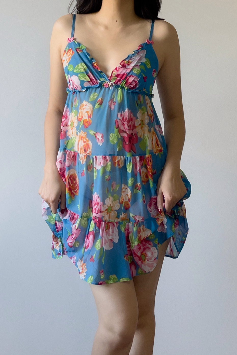 Vintage Y2K Blue Floral Mesh Babydoll Mini Slip Dress (S) - Image 2