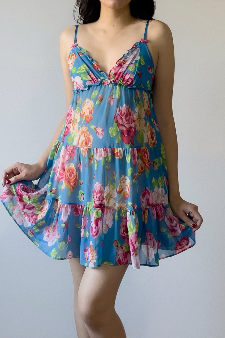 Vintage Y2K Blue Floral Mesh Babydoll Mini Slip Dress (S) - Image 3