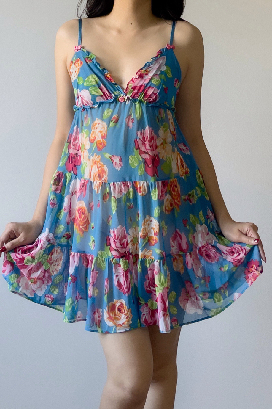 Vintage Y2K Blue Floral Mesh Babydoll Mini Slip Dress (S) - Image 5