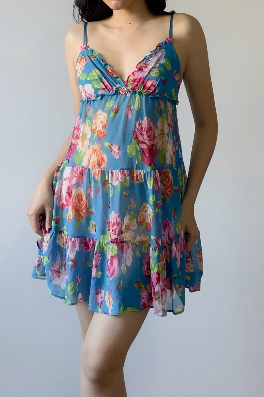 Vintage Y2K Blue Floral Mesh Babydoll Mini Slip Dress (S) - Image 4