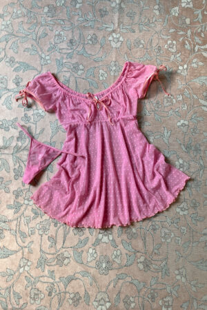 Vintage Bubblegum Pink Mesh Polka Dot Babydoll Set (S–M)