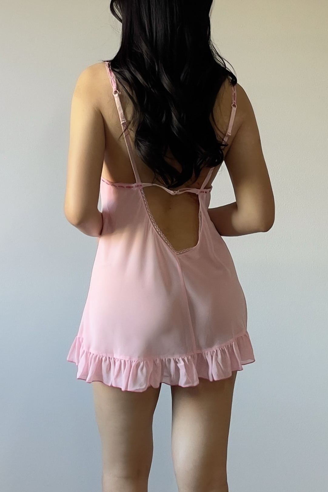 Vintage Soft Pink Satin & Sheer Chiffon Mini Slip Dress (M) - Image 5