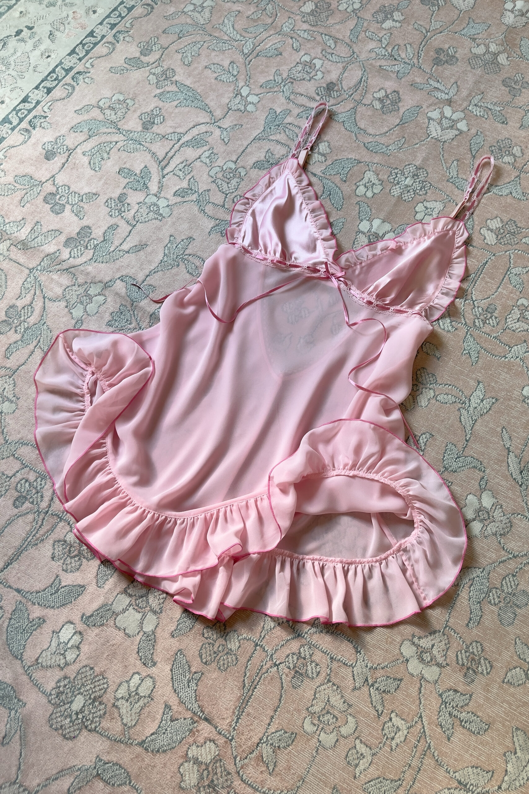 Vintage Soft Pink Satin & Sheer Chiffon Mini Slip Dress (M) - Image 6