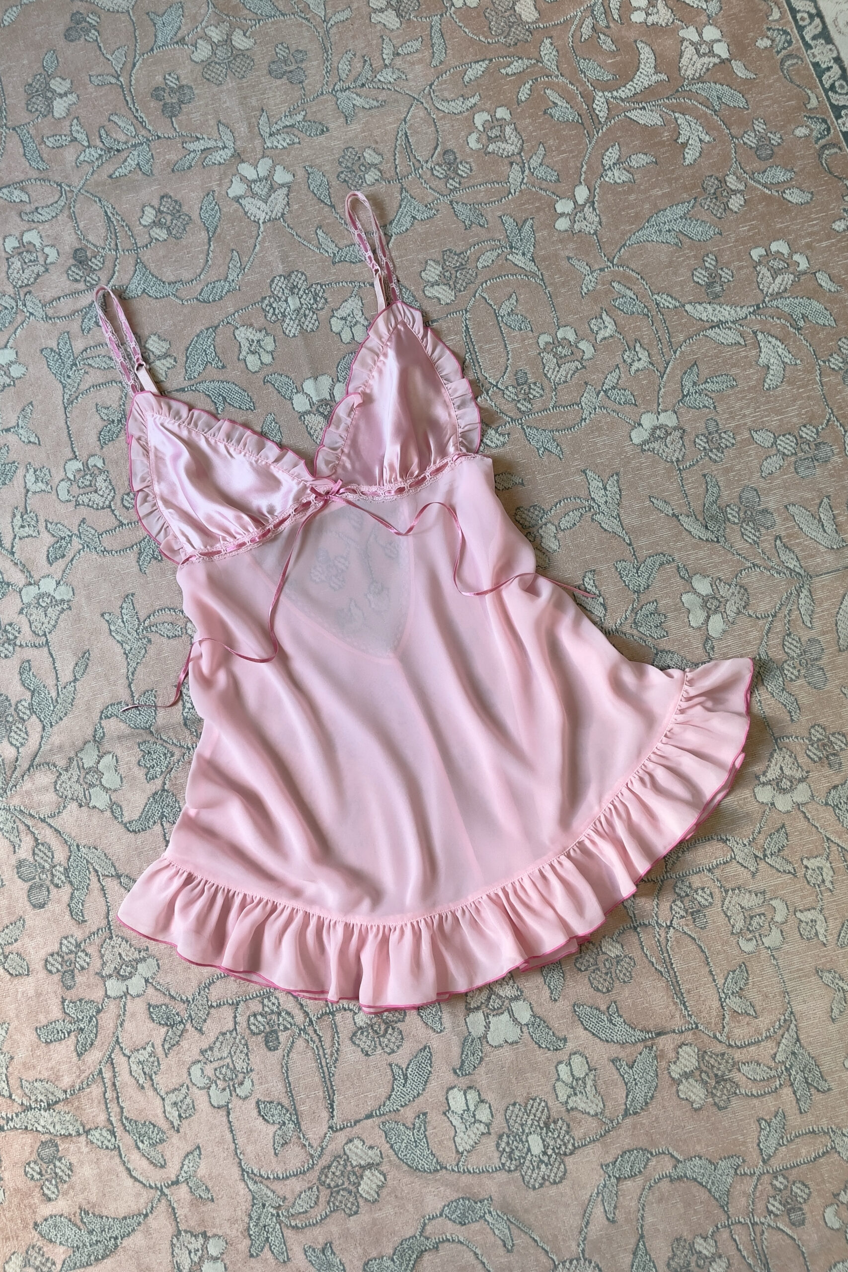 Vintage Soft Pink Satin & Sheer Chiffon Mini Slip Dress (M) - Image 7