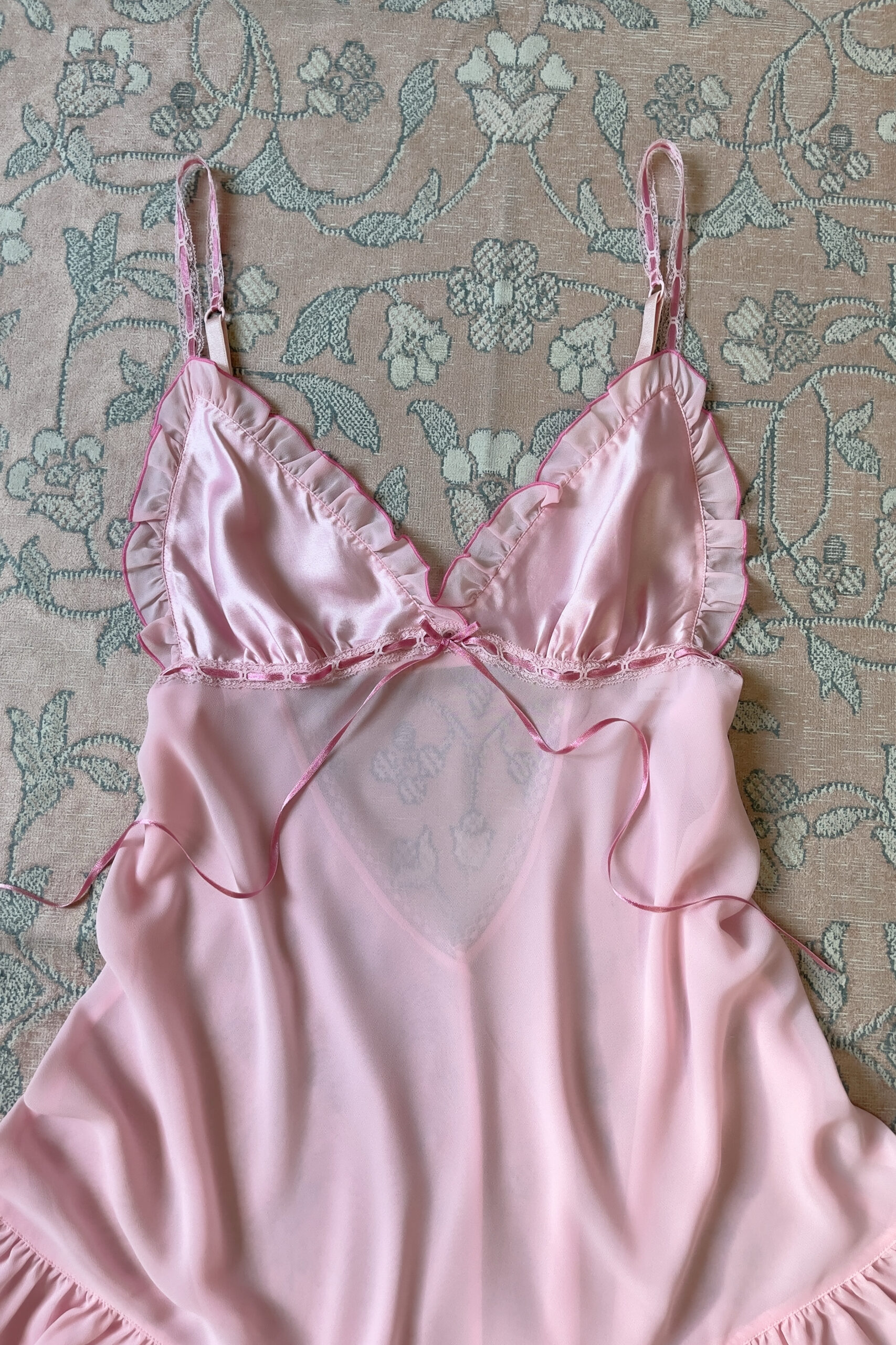 Vintage Soft Pink Satin & Sheer Chiffon Mini Slip Dress (M) - Image 9
