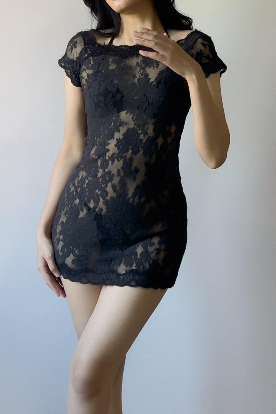 Vintage Black Lace Off-Shoulder Sheer Mini Slip Dress (S–M) - Image 4