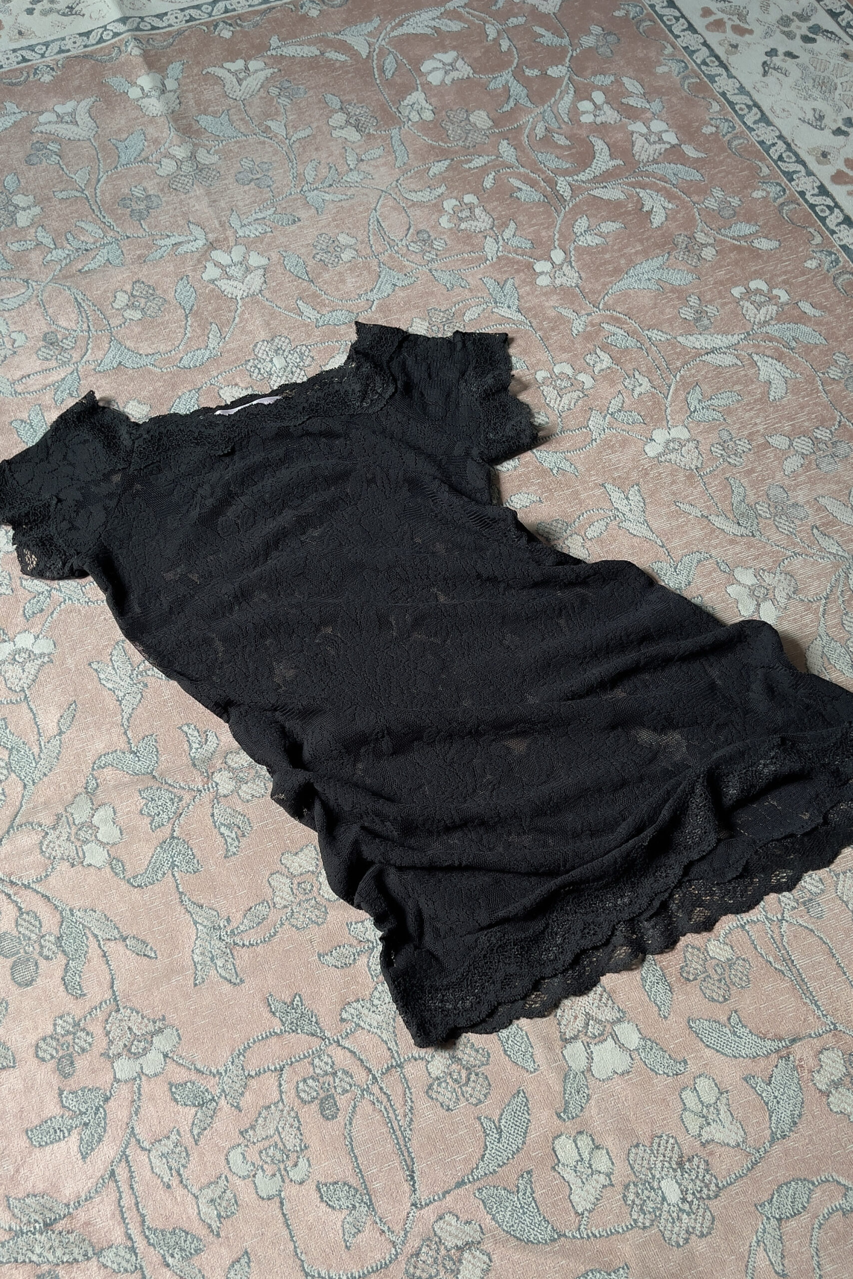 Vintage Black Lace Off-Shoulder Sheer Mini Slip Dress (S–M) - Image 9