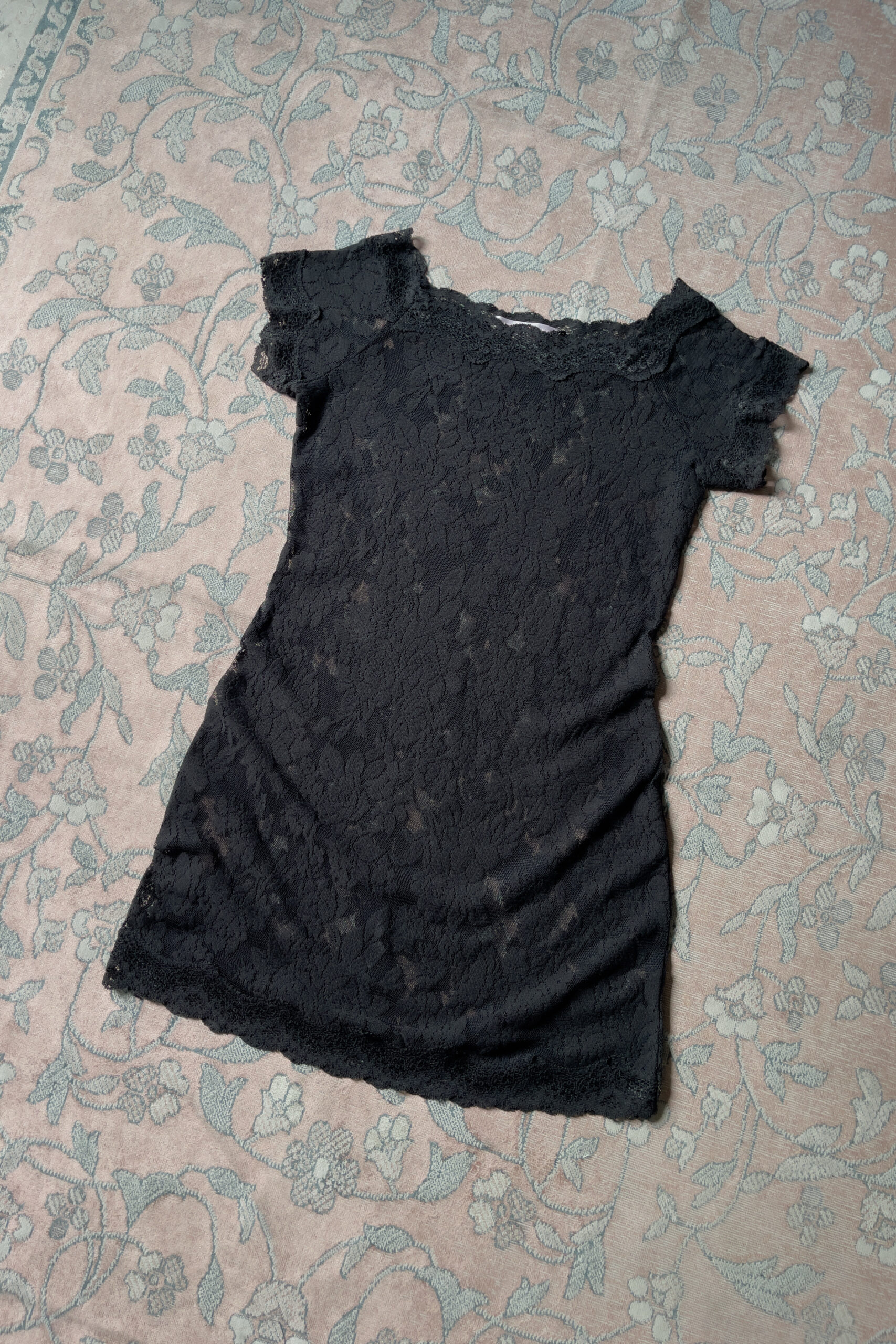 Vintage Black Lace Off-Shoulder Sheer Mini Slip Dress (S–M) - Image 10