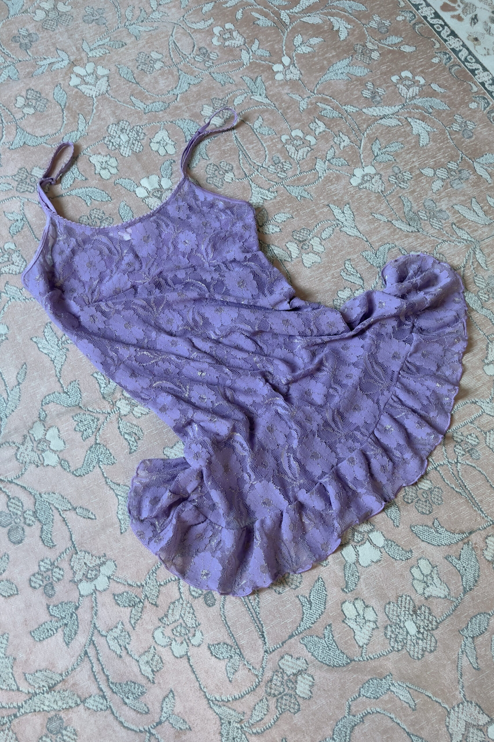 Vintage Purple Sheer Floral Lace Mini Slip Dress (XS–S) - Image 5