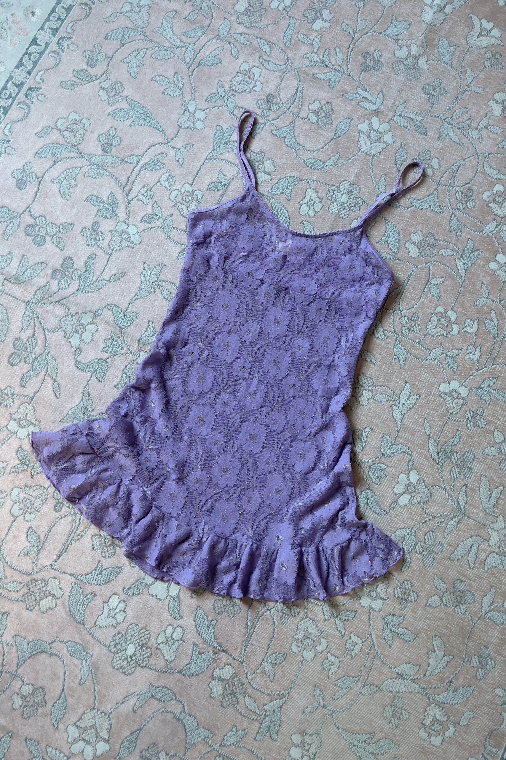 Vintage Purple Sheer Floral Lace Mini Slip Dress (XS–S) - Image 6