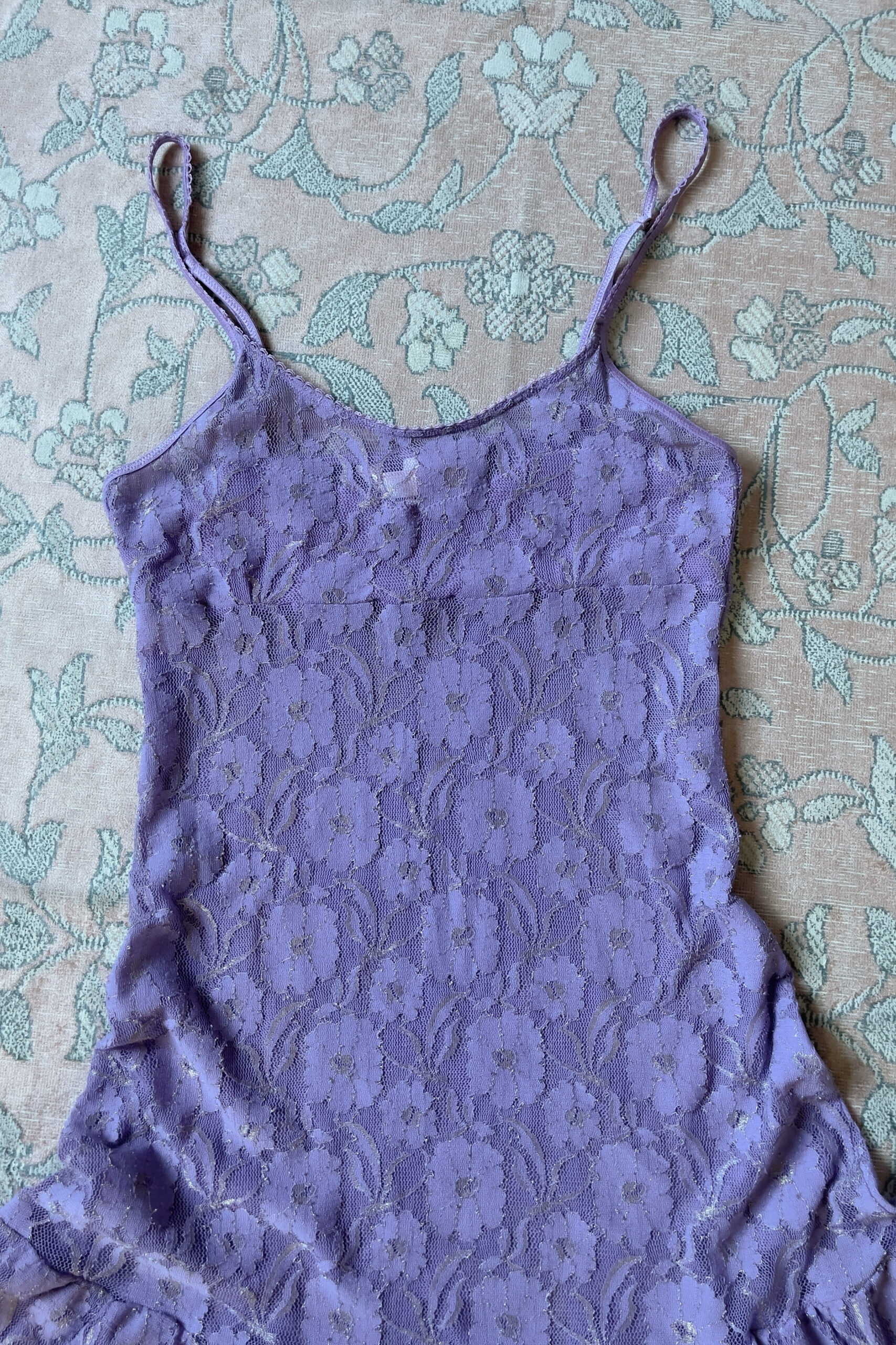 Vintage Purple Sheer Floral Lace Mini Slip Dress (XS–S) - Image 7