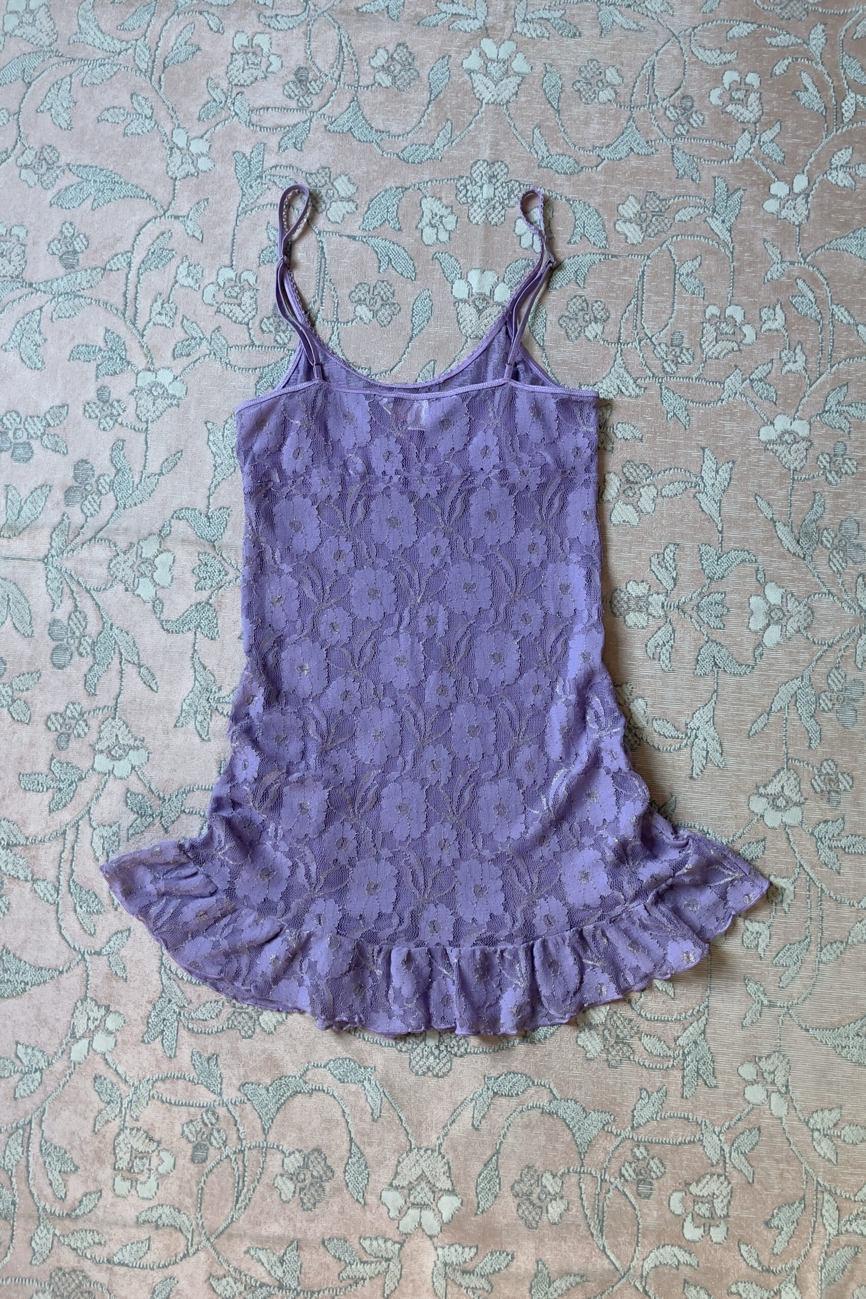 Vintage Purple Sheer Floral Lace Mini Slip Dress (XS–S) - Image 8