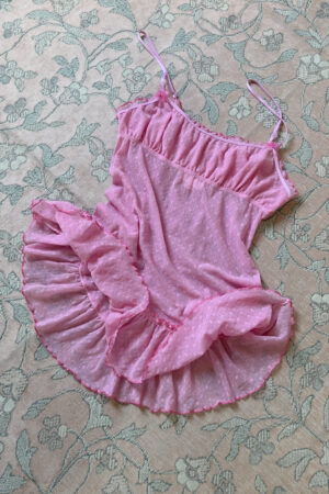 Vintage Bubblegum Pink Heart Mesh Mini Slip Dress (XS–S)