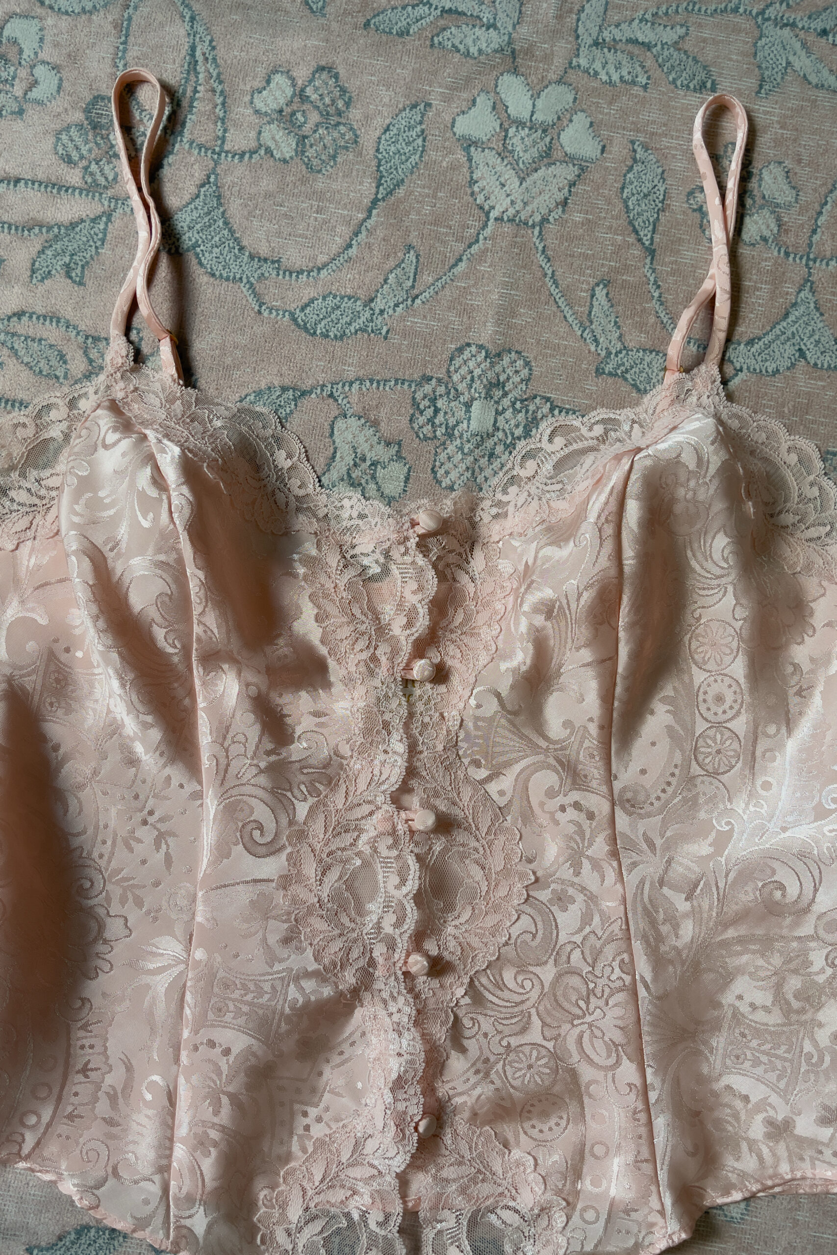 Vintage 1990s Soft Peach Jacquard Lace Camisole (M) - Image 3