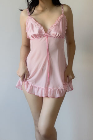 Vintage Soft Pink Satin & Sheer Chiffon Mini Slip Dress (M)