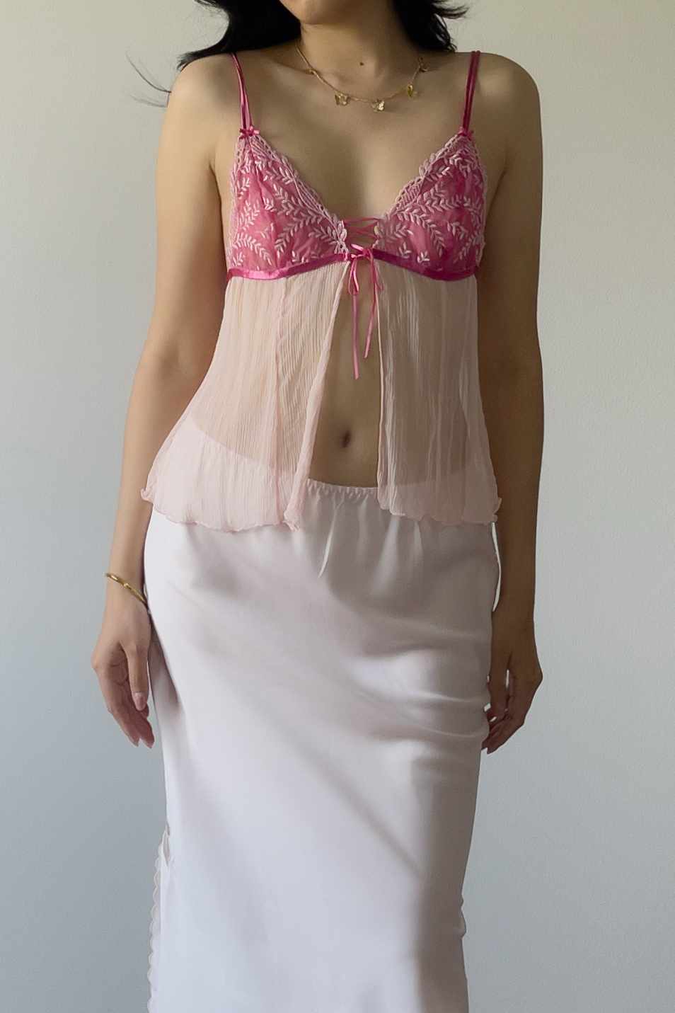 Vintage Soft Blush Pink Silk Open Front Pleated Camisole (S) - Image 3