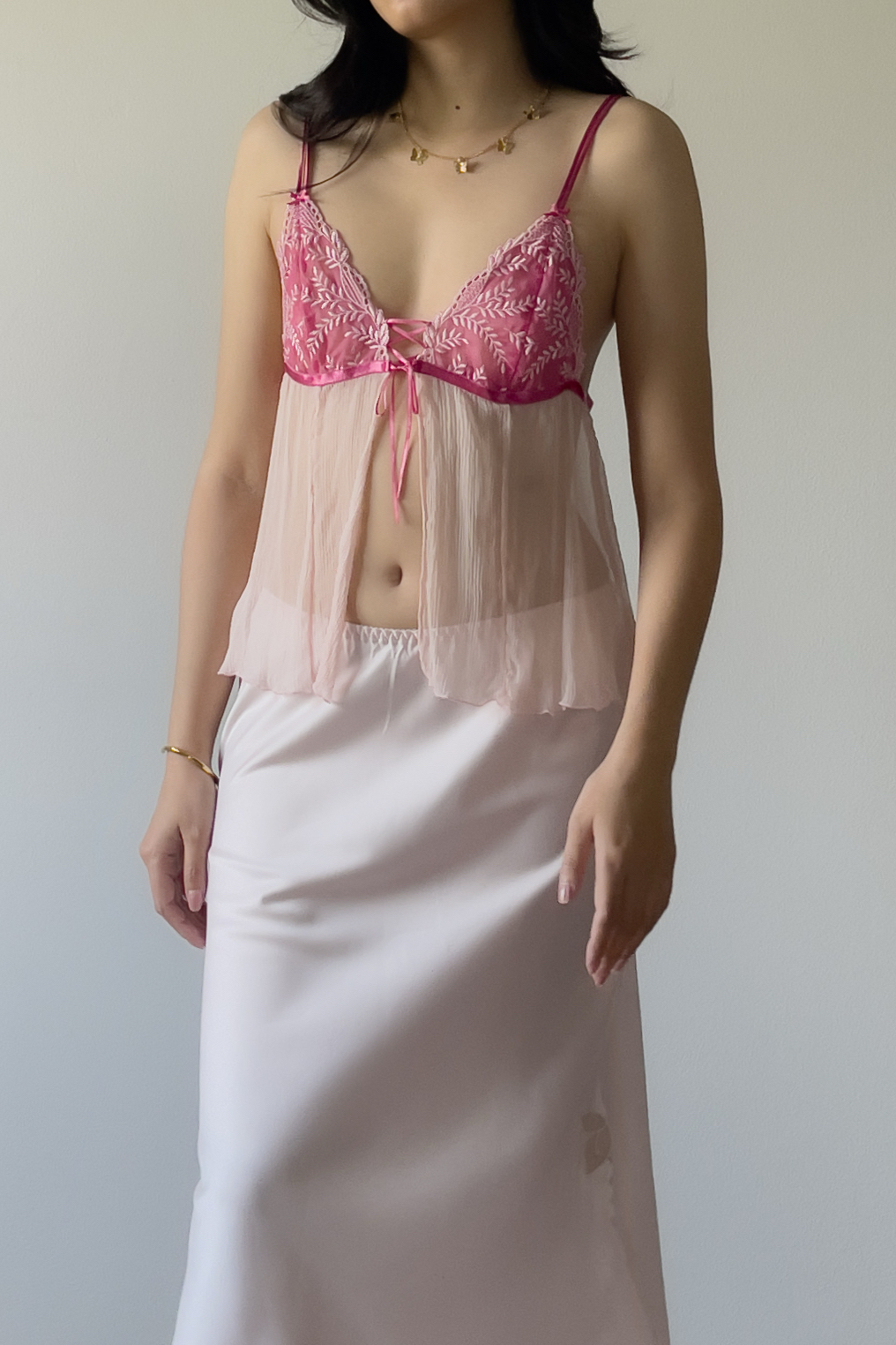 Vintage Soft Blush Pink Silk Open Front Pleated Camisole (S) - Image 5