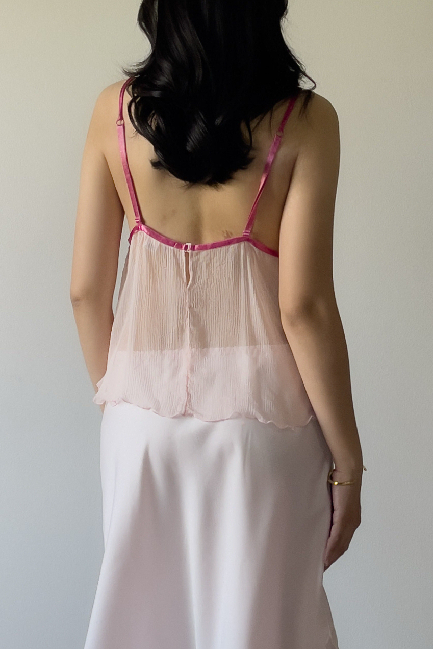 Vintage Soft Blush Pink Silk Open Front Pleated Camisole (S) - Image 6