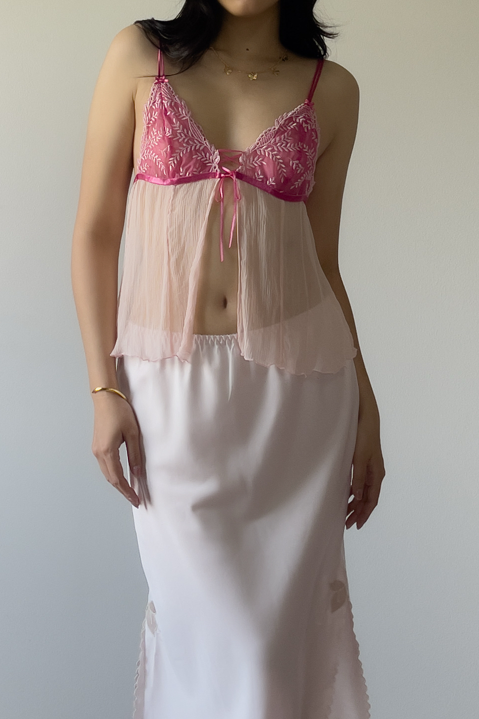 Vintage Soft Blush Pink Silk Open Front Pleated Camisole (S) - Image 2