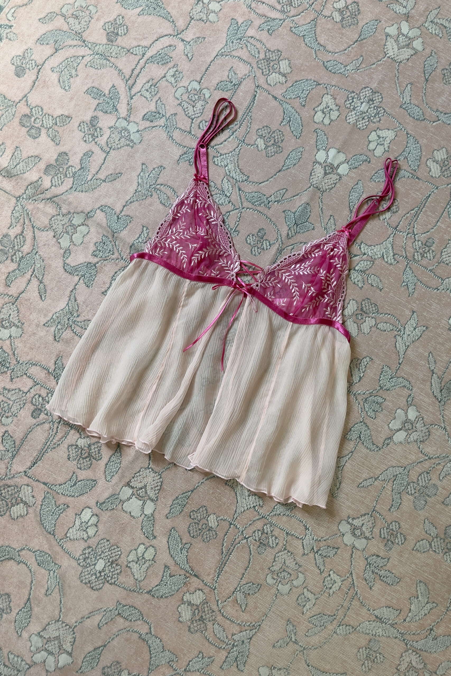 Vintage Soft Blush Pink Silk Open Front Pleated Camisole (S) - Image 11