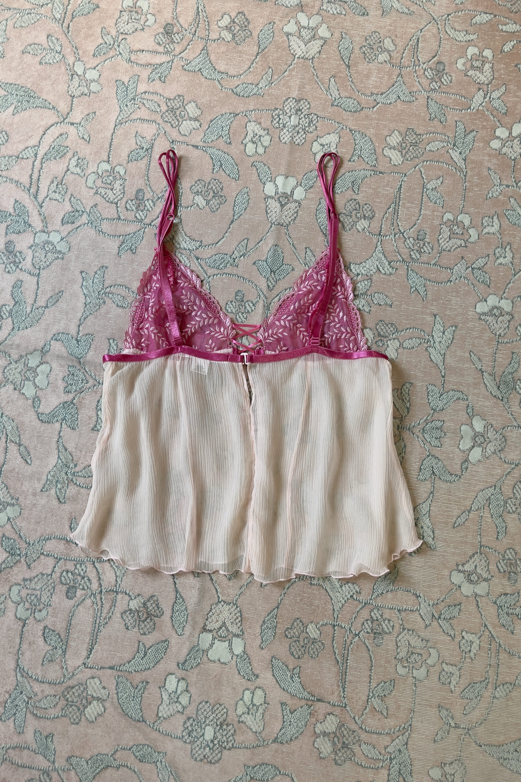 Vintage Soft Blush Pink Silk Open Front Pleated Camisole (S) - Image 13