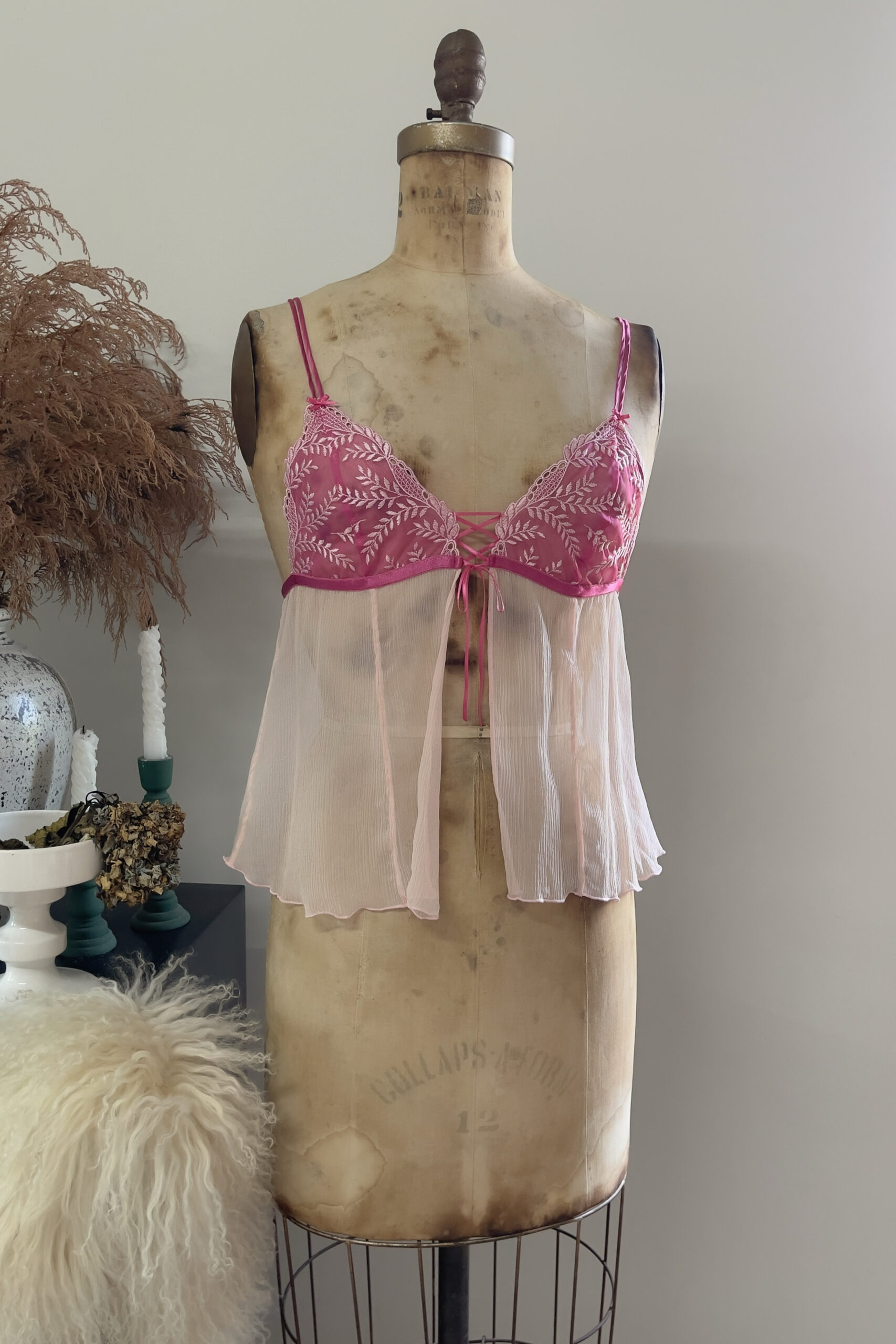 Vintage Soft Blush Pink Silk Open Front Pleated Camisole (S) - Image 16