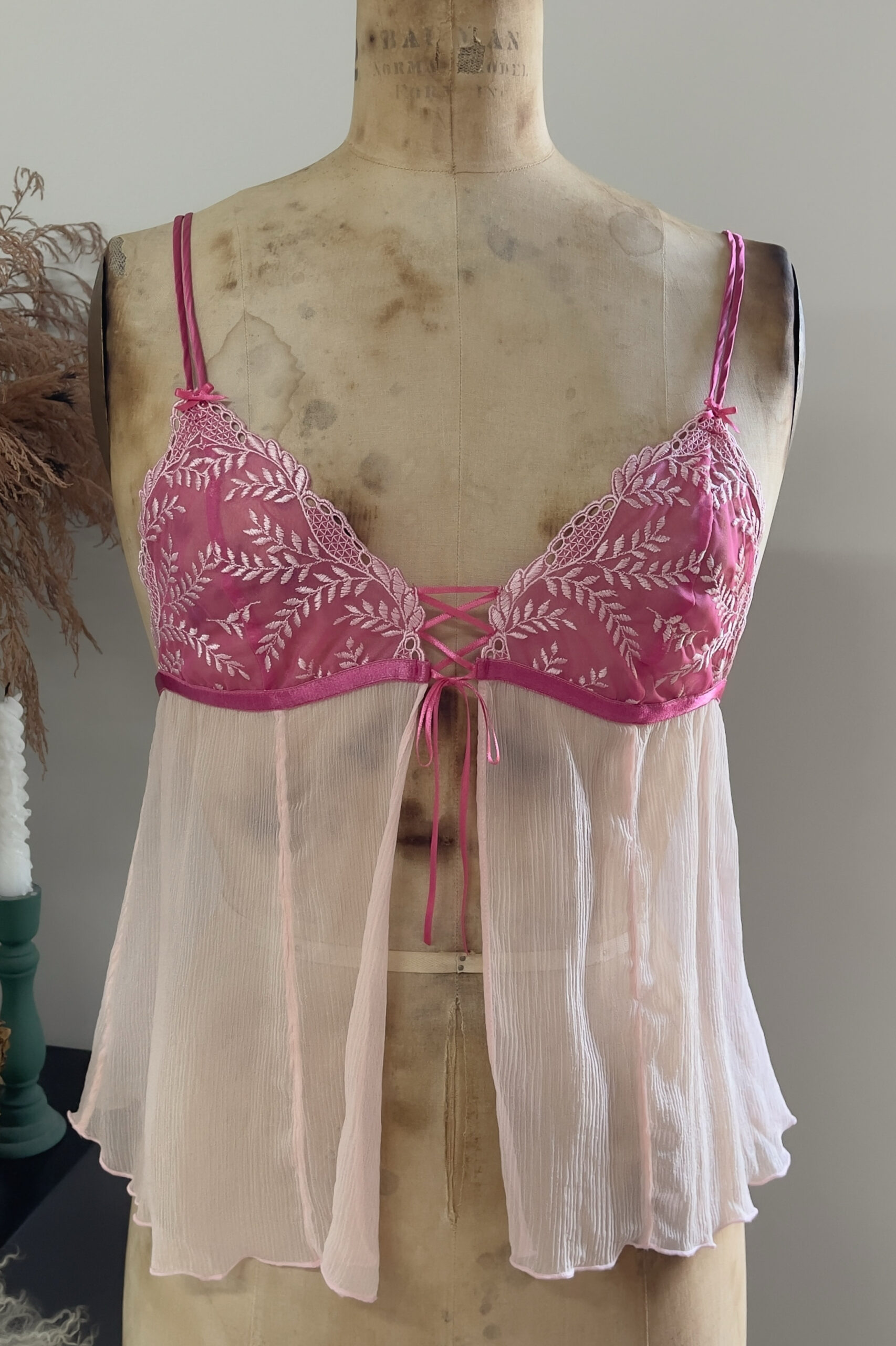Vintage Soft Blush Pink Silk Open Front Pleated Camisole (S) - Image 17