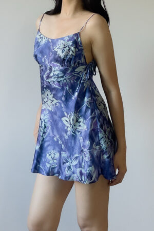 Vintage Blue Floral Silk Mini Slip Dress (M–L)